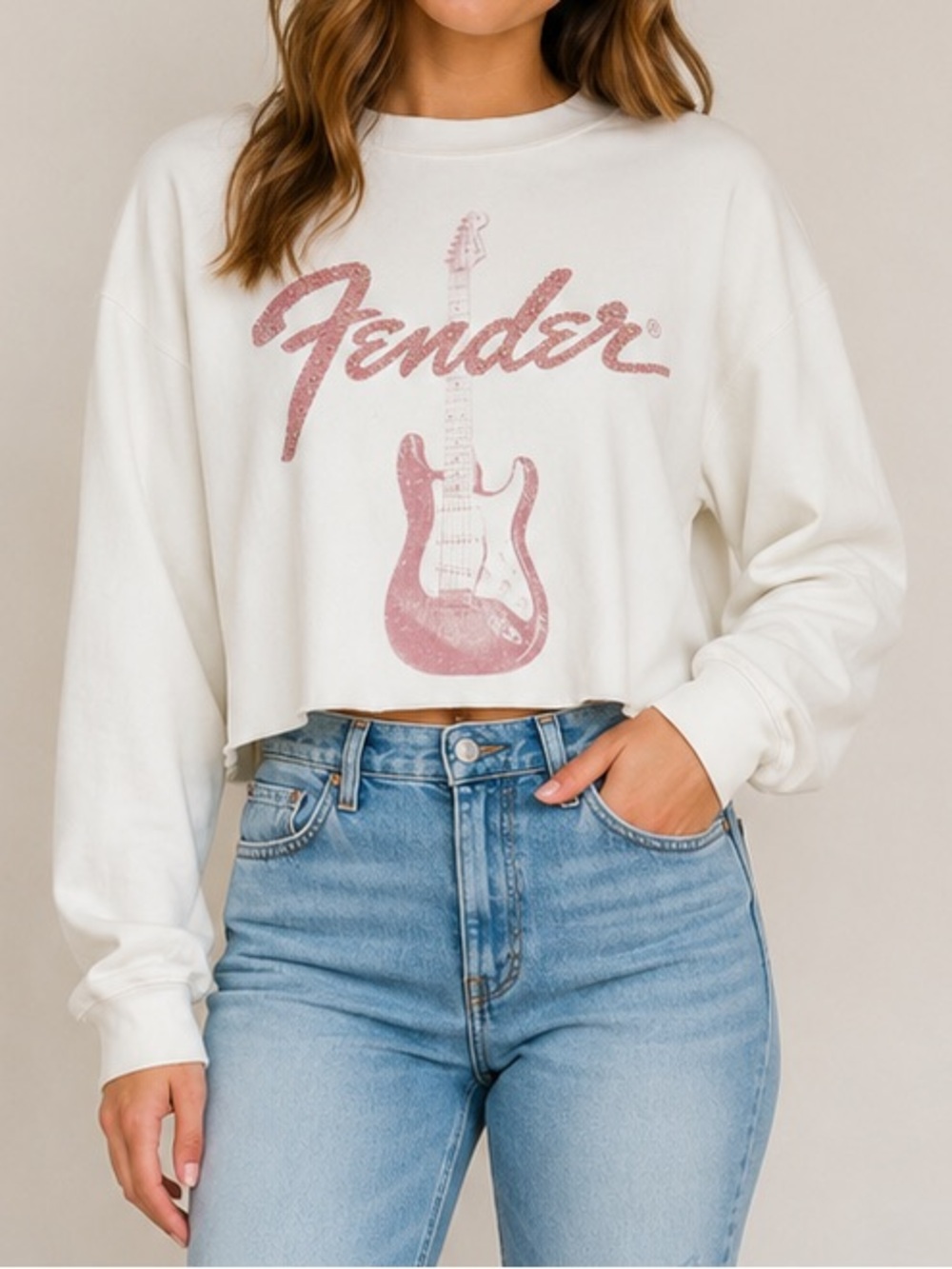 Fender Glitter Logo Cropped Sweatshirt Women’s Large Off White Pink Guitar Top